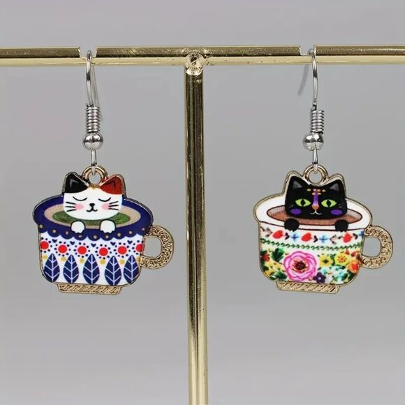 Cats in Teacups- Dangle Earrings- Fun, Playful, Cute - Picture 2 of 3